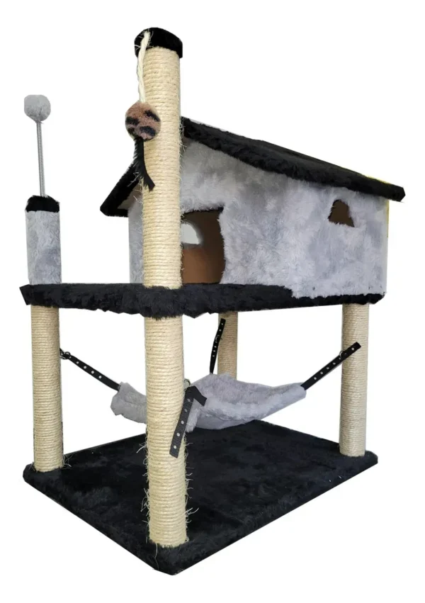 Arranhador Para Gatos 2 Andares Com Casinha E Rede Cama Playground Cor:Cinza Com Preto